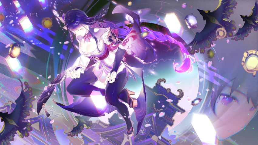 1girl, absurdres, animal, architecture, armor, asymmetrical_sleeves, bird, black_thighhighs