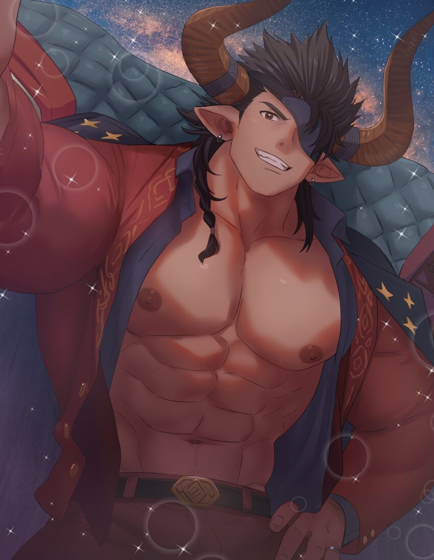 1boy, amainu, belt, black_belt, black_hair, blue_collar, braid, brown_eyes