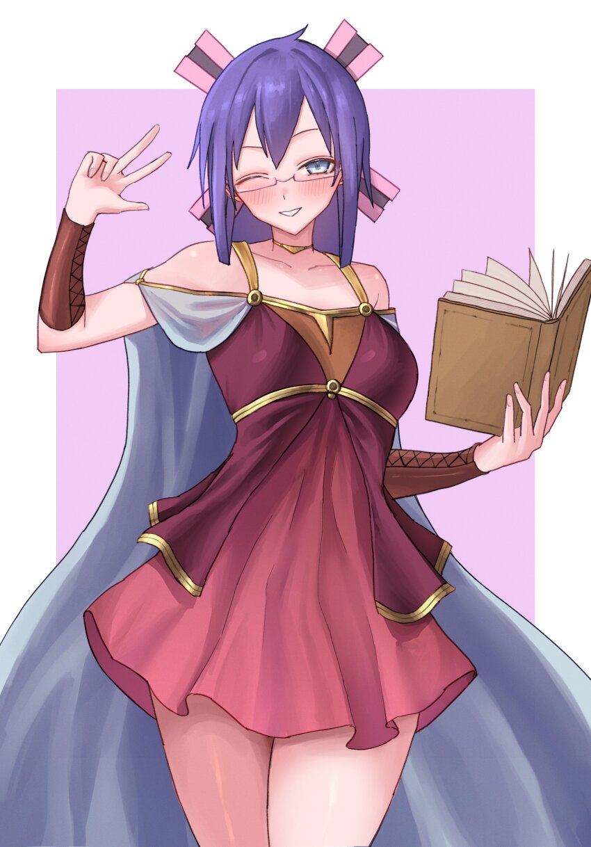 1girl, ;d, absurdres, armband, atlus, bare_shoulders, blue_eyes, blush, book, border, breasts, cape, collarbone, commentary, cosplay, devil_survivor_(series), devil_survivor_1, dress, english_commentary, fire_emblem, glasses, grin, highres, komaki_midori, lute_(fire_emblem), lute_(fire_emblem)_(cosplay), medium_breasts, nintendo, one_eye_closed, open_book, open_mouth, purple_background, purple_hair, smile, solo, thighs, turnipdish, w, white_border