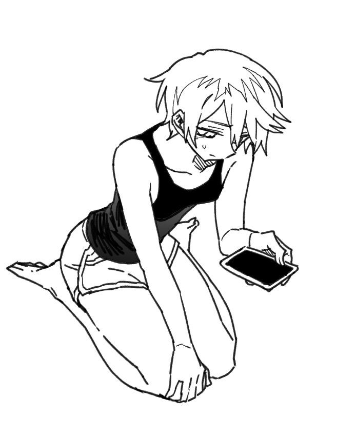 1boy, androgynous, bishounen, cellphone, dolphin_shorts, full_body, greyscale, gynecomastia