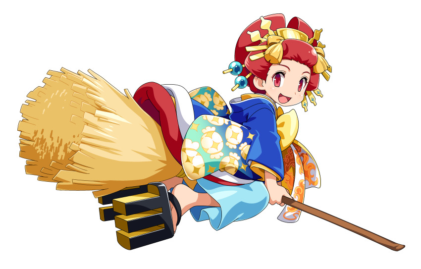 1girl, :d, absurdres, artist_request, blue_kimono, broom, broom_riding, cotton_(character)