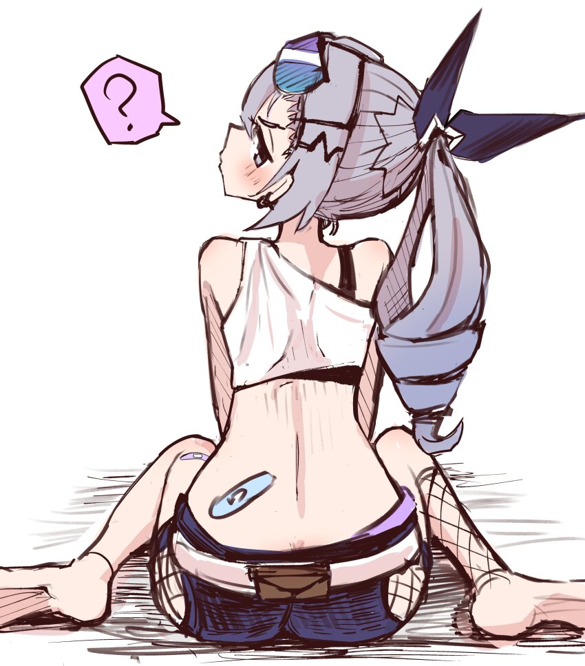 1girl, 6sakuu, ?, absurdres, back, bandaid, black_shirt, blue_shorts