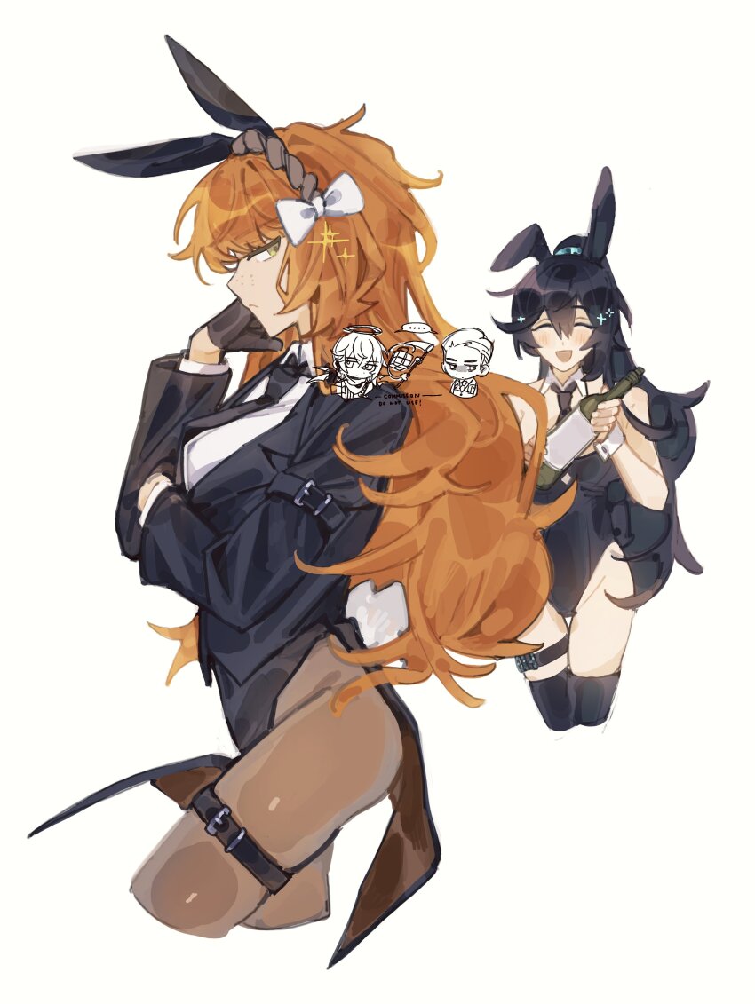 2boys, 2girls, ^_^, absurdres, animal_ears, arknights, black_gloves, black_hair, black_leotard, bow, brown_hairband, brown_pantyhose, closed_eyes, commentary, english_commentary, executor_(arknights), executor_the_ex_foedere_(arknights), genderswap, genderswap_(mtf), gloves, hair_bow, hairband, highres, hong_lu_(project_moon), irkaoy, ishmael_(project_moon), leotard, limbus_company, long_hair, meursault_(project_moon), multiple_boys, multiple_girls, orange_hair, pantyhose, project_moon, rabbit_ears, simple_background, sparkle, thigh_strap, very_long_hair, white_background, white_bow