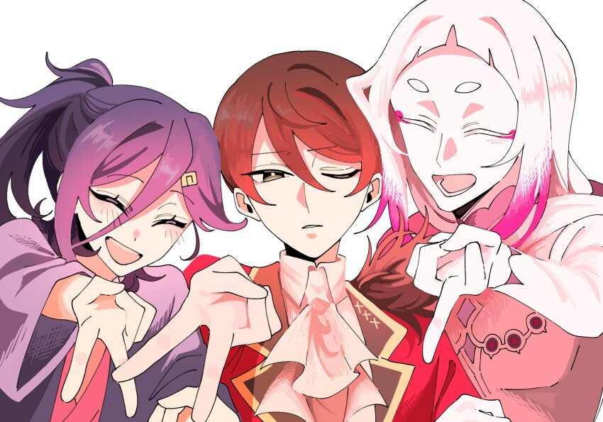 3boys, akaisi894, ascot, brown_eyes, brown_hair, cecilus_segmunt, chisha_gold, closed_eyes