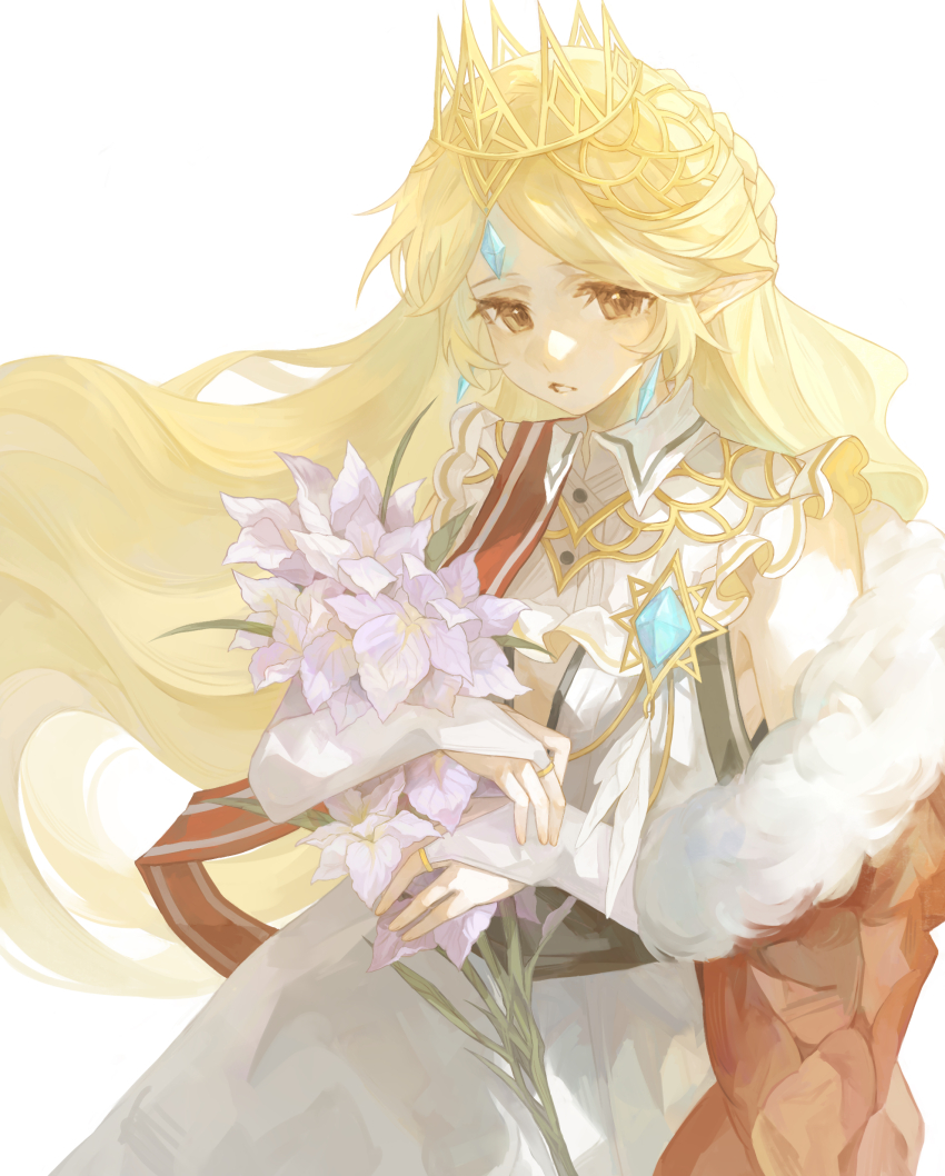 1girl, absurdres, bib_collar, blonde_hair, blue_gem, bridal_gauntlets, brown_eyes, coat