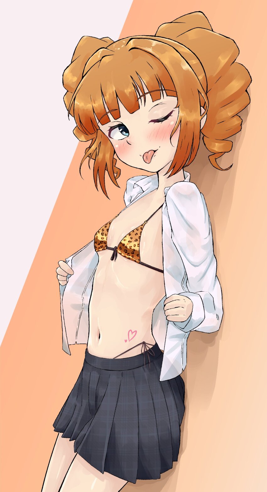 1girl, ;p, absurdres, bikini, bikini_under_clothes, blue_eyes, blush, breasts, drill_hair, highres, idolmaster, idolmaster_(classic), loli, looking_at_viewer, navel, nii_niip, one_eye_closed, open_clothes, open_shirt, orange_hair, skirt, small_breasts, smile, solo, swimsuit, takatsuki_yayoi, tongue, tongue_out, twin_drills