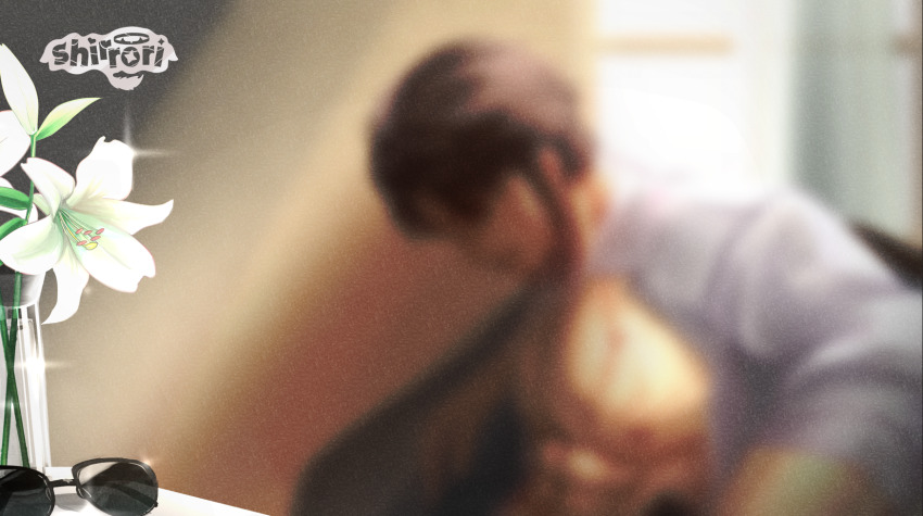 1boy, abs, andersen_(nikke), artist_name, blurry, blurry_background, brown_hair, commentary