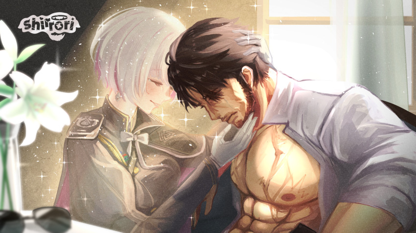 1boy, 1girl, abs, andersen_(nikke), artist_name, black_cape, breasts, brown_hair