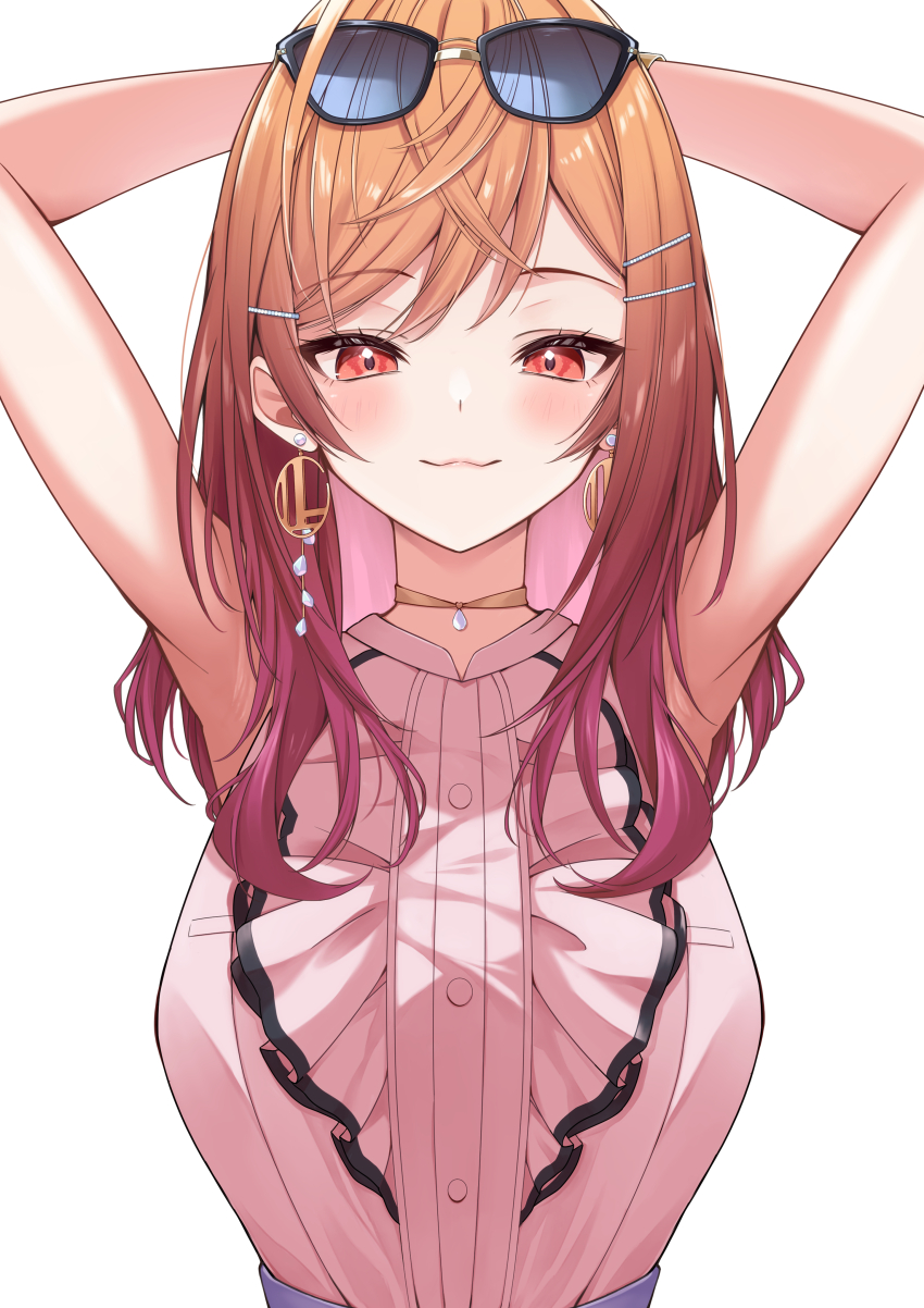 1girl, absurdres, armpits, buttons, closed_mouth, commentary_request, deshihayashi18, earrings