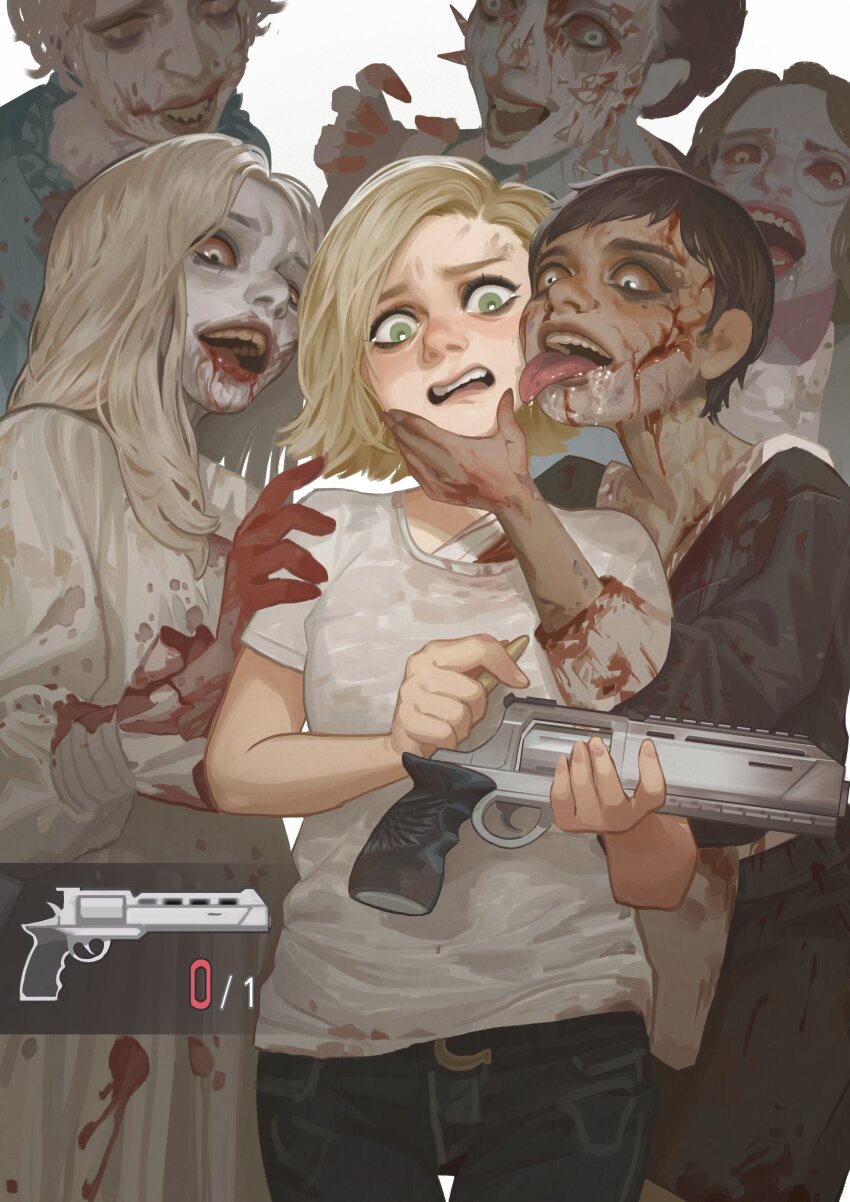 6+girls, absurdres, bandages, blonde_hair, blood, blood_on_clothes, blood_on_mouth, bloodshot_eyes