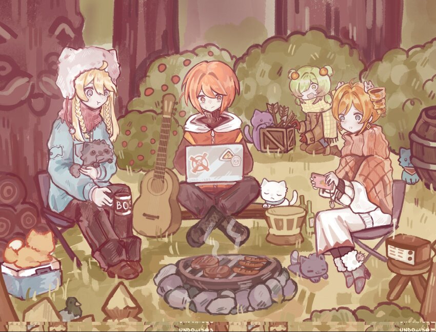 2boys, 2girls, acoustic_guitar, anna_(epic_battle_fantasy), campfire, camping, cat, commentary, computer, cooking, cooler, crossed_legs, drill_hair, english_commentary, epic_battle_fantasy, food, green_eyes, green_hair, grilling, guitar, highres, instrument, lance_(epic_battle_fantasy), laptop, matt_(epic_battle_fantasy), multiple_boys, multiple_girls, natalie_(epic_battle_fantasy), nolegs_(epic_battle_fantasy), open_mouth, outdoors, red_shawl, sausage, shawl, sitting, smile, smoke, twin_drills, undo_1303