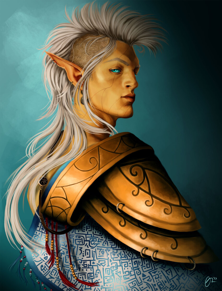 1boy, absurdres, armor, beads, black_background, blue_background, blue_cape, blue_eyes, blue_sclera, cape, changelingsandothernonsense, colored_sclera, colored_skin, commentary, earrings, english_commentary, facial_mark, from_side, gold_earrings, gradient_background, highres, indoril_nerevar, jewelry, long_hair, looking_at_viewer, male_focus, mohawk, ornate_clothes, patterned, pointy_ears, realistic, shoulder_armor, signature, the_elder_scrolls, the_elder_scrolls_iii:_morrowind, upper_body, white_hair, yellow_skin