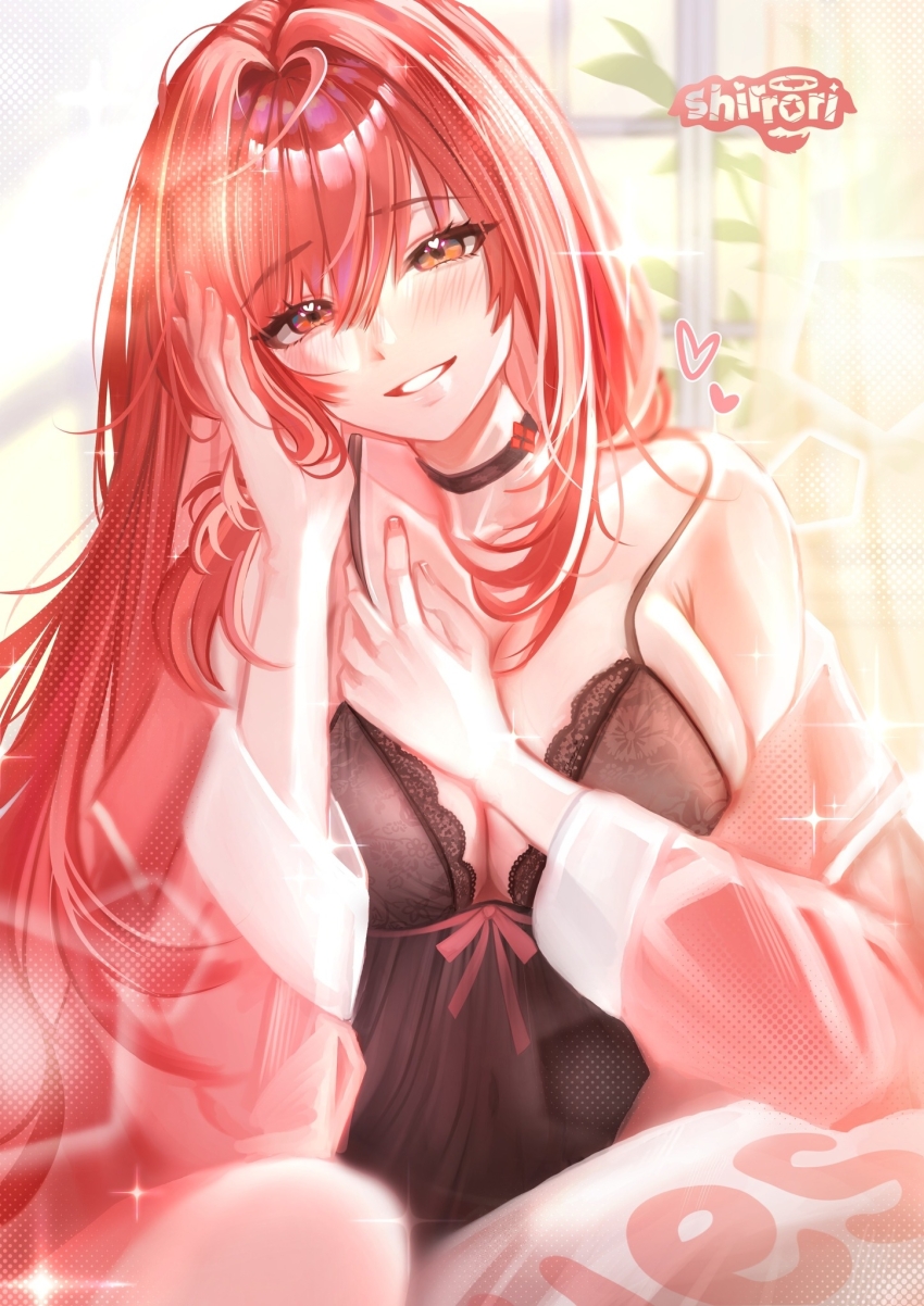 1girl, artist_name, black_choker, black_nightgown, blush, breasts, choker, cleavage, commentary, english_commentary, goddess_of_victory:_nikke, hand_on_own_cheek, hand_on_own_face, highres, indoors, large_breasts, lingerie, long_hair, looking_at_viewer, nightgown, official_alternate_costume, pajamas, pillow, pink_pajamas, plant, rapi_(nikke), rapi_(red_hood)_(cherished_red)_(nikke), rapi_(red_hood)_(nikke), red_eyes, red_hair, shirrori, smile, solo, sparkle, underwear, window, yes, yes-no_pillow