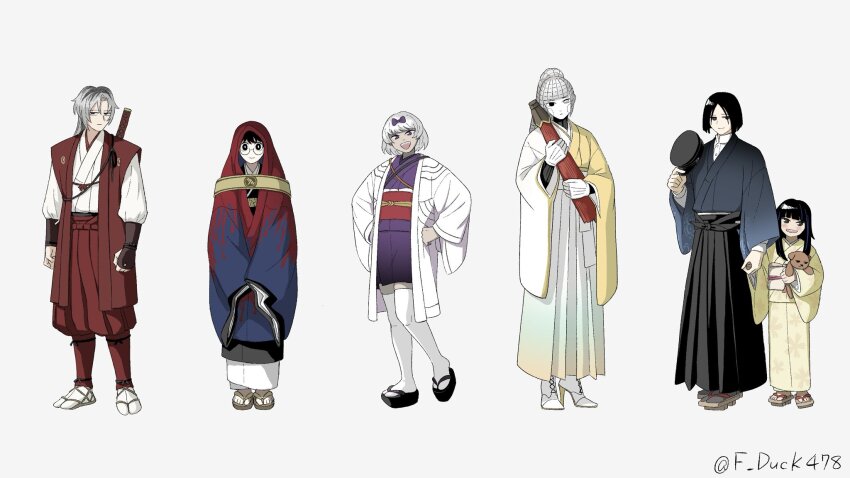 2boys, 4girls, albina_(project_moon), araya_(project_moon), black_eyes, black_hair, black_hakama, blue_kimono