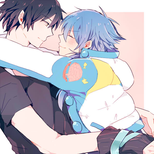 2boys, arms_around_neck, black_hair, black_shirt, blue_hair, blush, border, closed_mouth