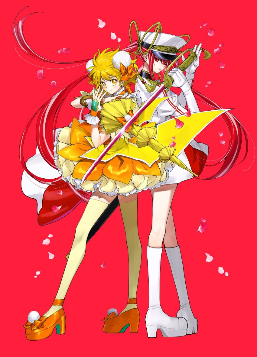 2girls, 62kaeru, blonde_hair, boots, bow, commentary_request, dress, gloves