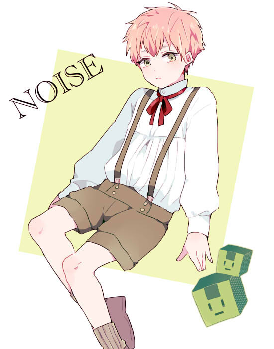 1boy, aged_down, blonde_hair, brown_shorts, closed_mouth, collared_shirt, commentary_request, dramatical_murder