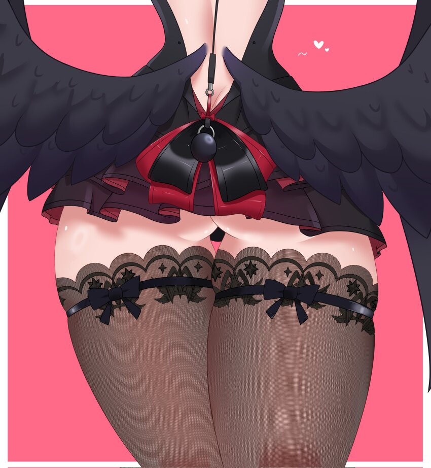1girl, ass, ass_focus, backless_dress, backless_outfit, black_dress, black_panties, black_thighhighs, black_wings, border, commentary, desnvz, dress, from_behind, highres, panties, pink_background, ramiel_(zenless_zone_zero), solo, thighhighs, underwear, white_border, wings, zenless_zone_zero