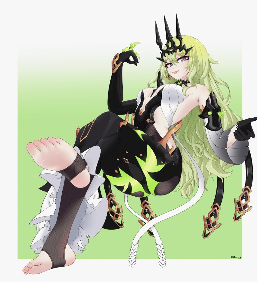 1girl, artist_name, black_bodysuit, black_gloves, black_tiara, bodysuit, border, breasts, commentary, crossed_legs, desnvz, earrings, gloves, gradient_background, highres, honkai_(series), honkai_impact_3rd, jewelry, long_hair, looking_at_viewer, mobius_(honkai_impact), small_breasts, solo, spikes, stirrup_legwear, tiara, toeless_legwear, toes, tongue, tongue_out, very_long_hair, white_border