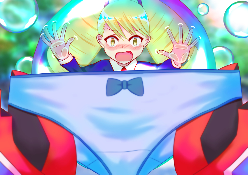 1boy, 1girl, blonde_hair, blue_panties, blush, bow, bow_panties, bubble