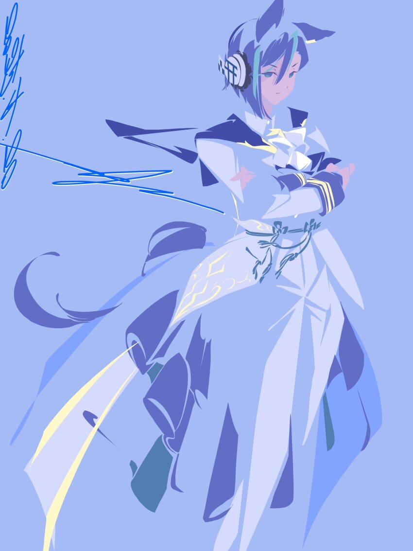 animal_ears, artist_name, black_hair, commentary_request, crossed_arms, earphones, echoo, formal_clothes