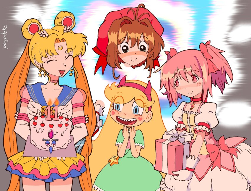 bishoujo_senshi_sailor_moon, blonde_hair, blue_eyes, box, brown_hair, cardcaptor_sakura, crossover, dress, gift, gift_box, green_dress, green_eyes, happy_birthday, highres, kaname_madoka, kinomoto_sakura, kinomoto_sakura_(magician), long_hair, mahou_shoujo_madoka_magica, pink_hair, pogodoka, sailor, sailor_moon, short_hair, star_butterfly, star_vs_the_forces_of_evil, trait_connection, tsukino_usagi