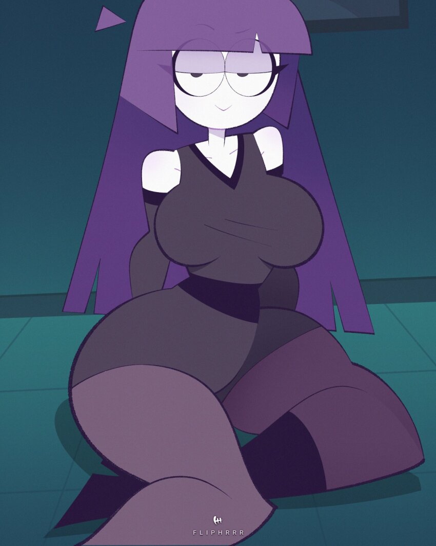 ahoge, arms_behind_back, black_boots, black_skirt, blue_background, boots, breasts, colored_skin, fliphrrr, half-closed_eyes, highres, huge_breasts, lila_(spooky_month), long_eyelashes, long_hair, looking_at_viewer, naughty_face, purple_hair, sitting, skirt, spooky_month, thick_thighs, thighs, very_big_eyes, white_skin, wide_hips, yokozuwari