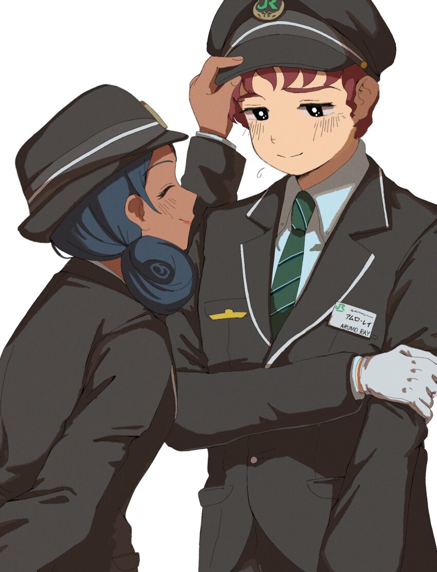 1boy, 1girl, ^_^, adjusting_another's_headwear, amuro_ray, black_eyes, black_hair, black_hat, black_jacket, black_pants, blush, brown_hair, closed_eyes, collared_shirt, commentary, dark-skinned_female, dark_skin, double_bun, facing_another, flying_sweatdrops, gloves, green_necktie, gundam, hair_bun, hand_on_own_arm, hat, highres, jacket, japan_railways, lalah_sune, lapels, looking_at_another, makuramoto_(5ma6gicha), mobile_suit_gundam, name_tag, necktie, notched_lapels, pants, shirt, short_hair, simple_background, smile, striped_clothes, striped_necktie, train_conductor, white_background, white_gloves, white_shirt, wing_collar