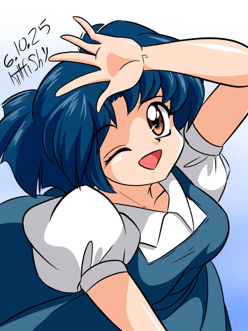 1girl, ;d, arm_up, blue_background, blue_dress, blue_hair, brown_eyes, commentary