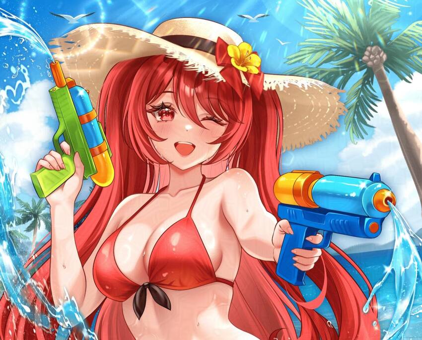 1girl, beach, bikini, bird, black_ribbon, blue_sky, blush, breasts