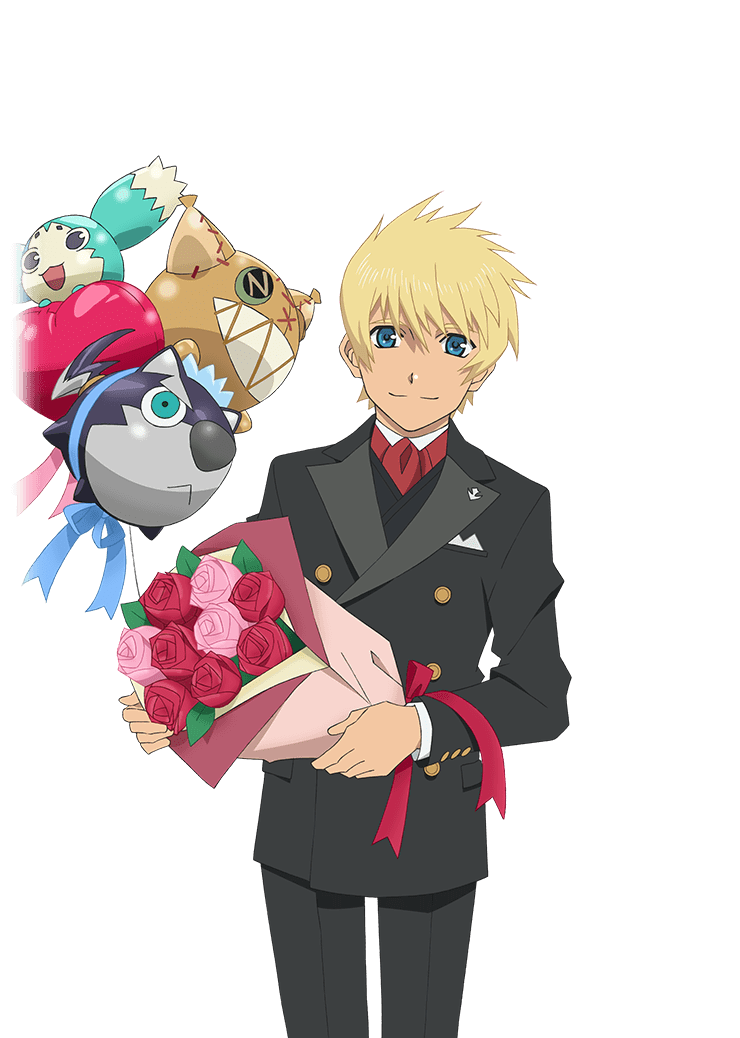 1boy, artist_request, black_pants, black_suit, blonde_hair, blue_eyes, bouquet, character_balloon, closed_mouth, commentary, cowboy_shot, english_commentary, flower, flynn_scifo, flynn_scifo_(cultured_gentleman), formal_clothes, game_cg, holding, holding_bouquet, looking_at_viewer, male_focus, mieu_(tales), neckerchief, official_alternate_costume, official_art, pants, red_neckerchief, repede_(tales), short_hair, simple_background, smile, solo, suit, tales_of_(series), tales_of_asteria, tales_of_vesperia, third-party_source, transparent_background