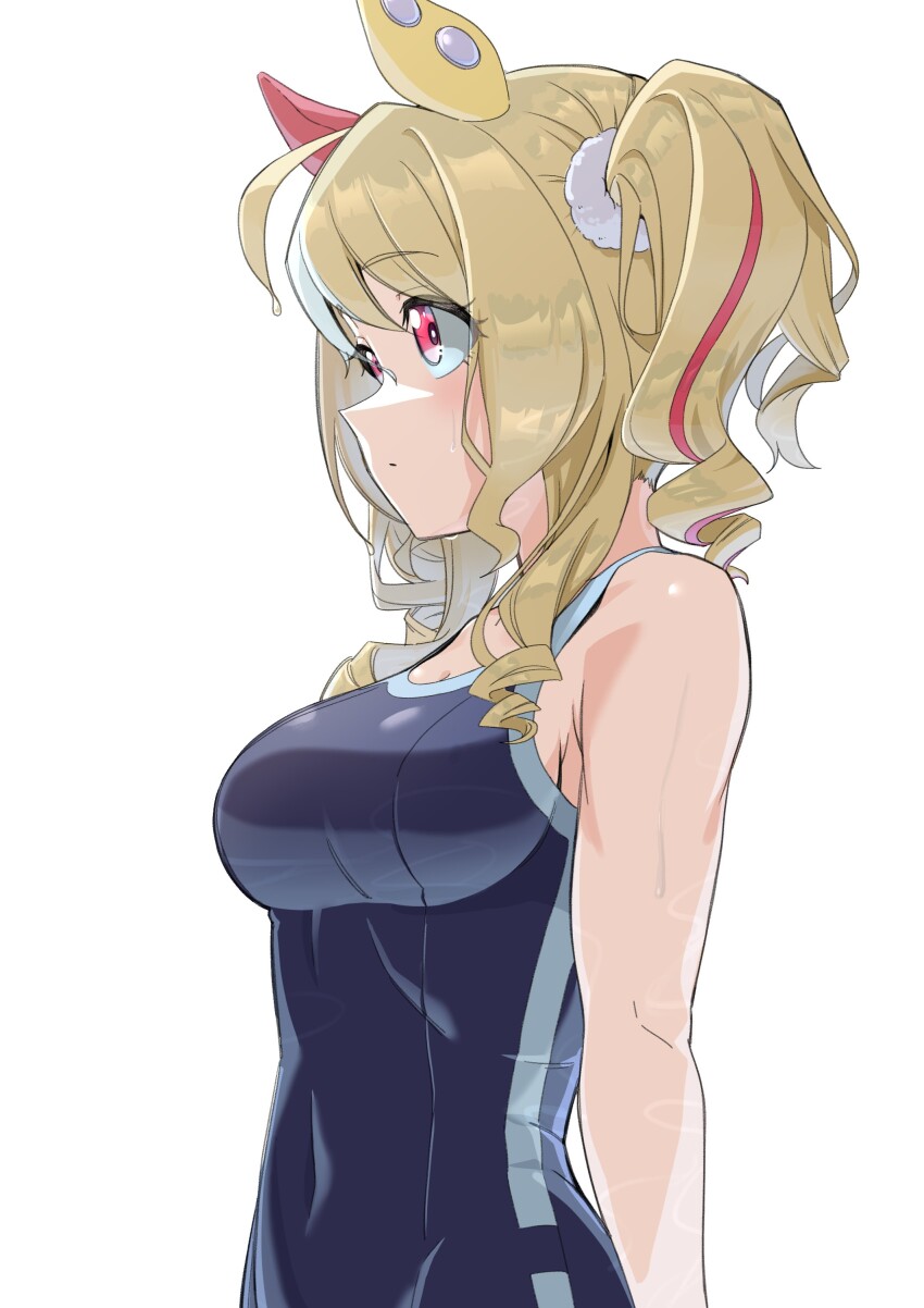 1girl, absurdres, ahoge, animal_ears, black_one-piece_swimsuit, blonde_hair, breasts, closed_mouth