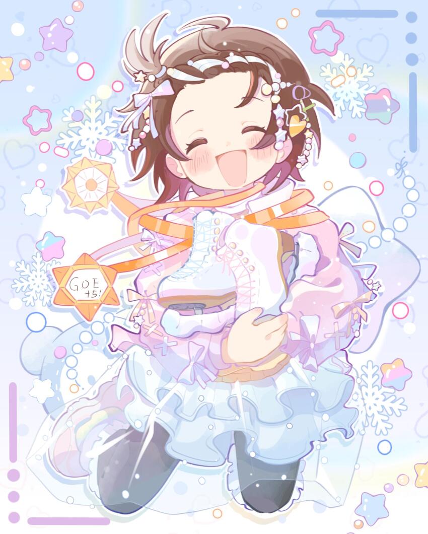 1girl, black_pantyhose, blue_skirt, boots, braid, braided_bangs, brown_eyes, brown_hair, closed_eyes, coat, commentary, frilled_skirt, frills, full_body, gloves, hair_ornament, highres, holding_ice_skates, ice_beno, kneeling, layered_skirt, long_sleeves, medal, medalist_(manga), medium_skirt, miniskirt, open_mouth, pantyhose, pink_boots, pink_coat, see-through_clothes, see-through_skirt, short_hair, skirt, smile, snowflakes, solo, star_ornament, yellow_gloves, yuitsuka_inori