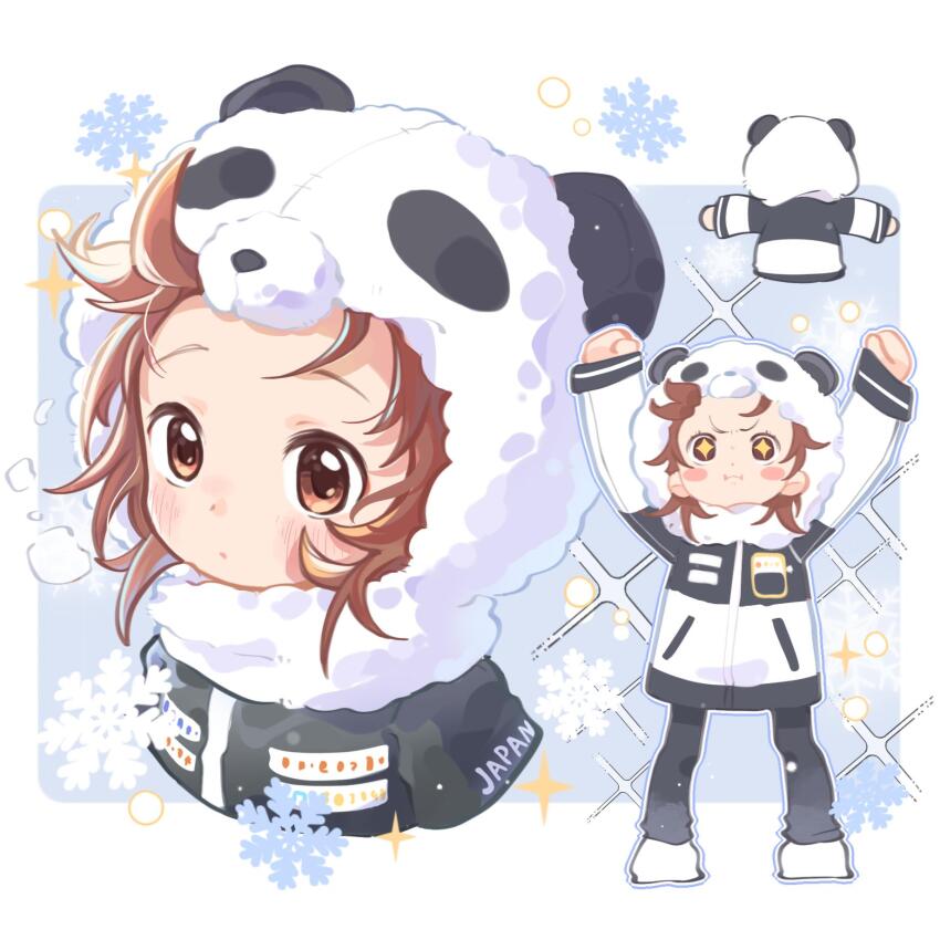 +_+, 1girl, :i, animal_hood, black_coat, black_pants, blush_stickers, brown_eyes