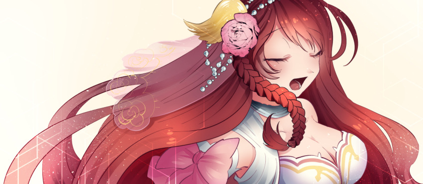 braid, breasts, christine_(grimms_notes), christine_(utahime)_(grimms_notes), cleavage, closed_eyes, dress, flower