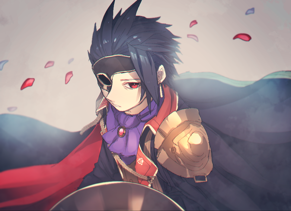 1boy, armor, black_cape, black_hair, black_jacket, brown_vest, buttons, cape