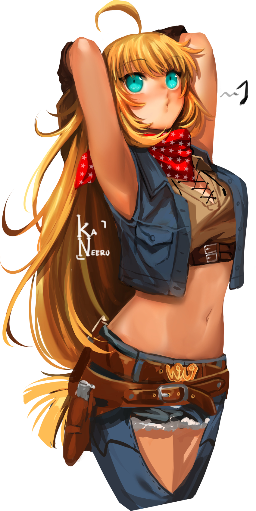 1girl, absurdres, ahoge, aqua_eyes, bandana, bandana_around_neck, belt, blonde_hair