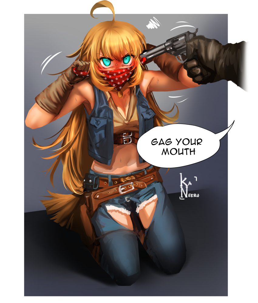 1girl, absurdres, ahoge, angry, aqua_eyes, artist_name, at_gunpoint, bandana