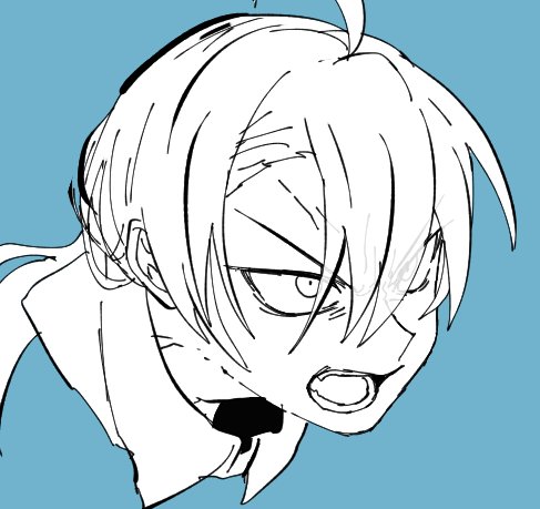 1boy, ahoge, angry, blue_background, cropped_shoulders, greyscale, greyscale_with_colored_background, grimms_notes