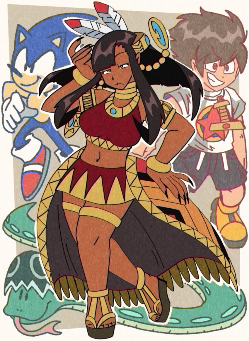 1girl, 2boys, bare_shoulders, black_hair, blunt_bangs, bracelet, breasts, dark-skinned_female