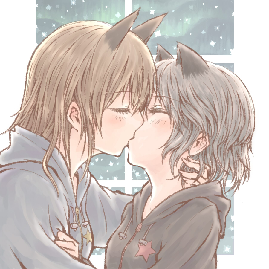 2girls, animal_ears, blush, brown_hair, casual, couple, eila_ilmatar_juutilainen, closed_eyes, hood, hoodie, kiss, long_hair, multiple_girls, sanya_v._litvyak, short_hair, silver_hair, strike_witches, world_witches_series, yukimochi_(yume), yuri