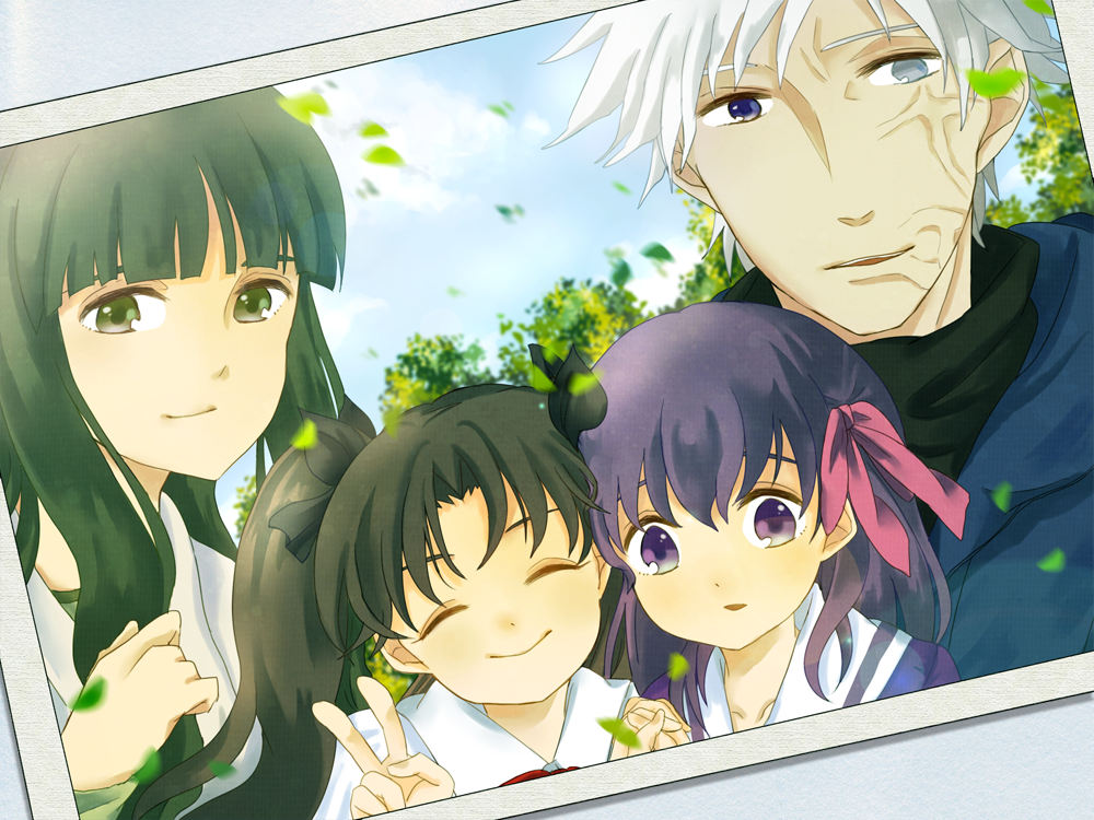 1boy, 3girls, ^_^, age_difference, bad_id, bad_pixiv_id, blue_eyes, brown_hair, closed_eyes, family, fate/stay_night, fate/zero, fate_(series), green_eyes, green_hair, grey_eyes, hair_ribbon, heterochromia, hood, hoodie, matou_kariya, matou_sakura, matou_sakura_(fate/zero), mother_and_child, mother_and_daughter, multiple_girls, obaa-chan_(golden_retriever), parent_and_child, photo_(object), purple_eyes, purple_hair, ribbon, scar, short_twintails, siblings, sisters, tohsaka_aoi, tohsaka_rin, tohsaka_rin_(fate/zero), twintails, two_side_up, white_hair