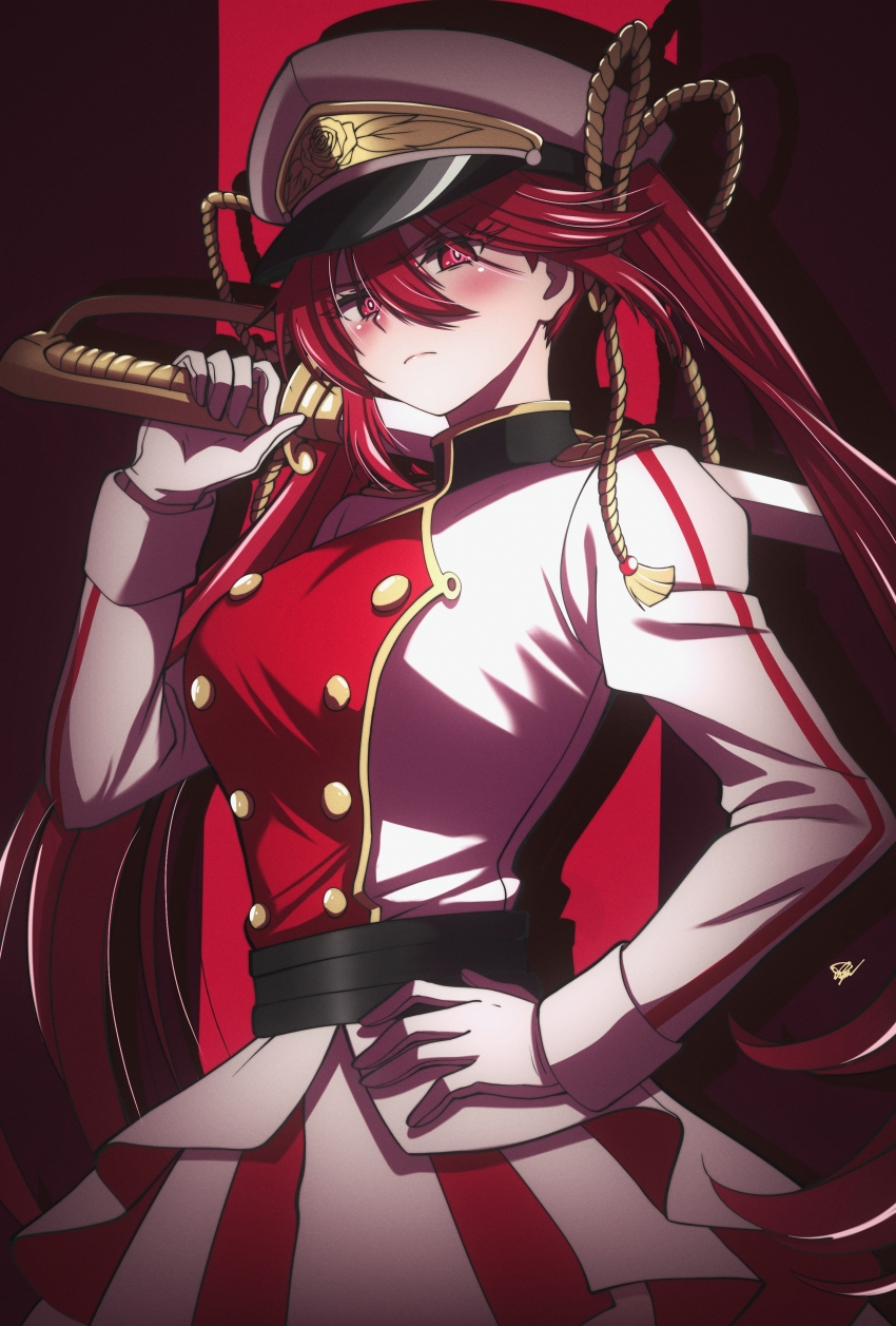 1girl, absurdres, blush, closed_mouth, commentary, english_commentary, hand_on_own_hip, hat, highres, holding, holding_sword, holding_weapon, long_hair, looking_at_viewer, mahou_shoujo_dandelion, mgrenjoyer, military_hat, peony_(mahou_shoujo_dandelion), red_eyes, red_hair, sword, weapon