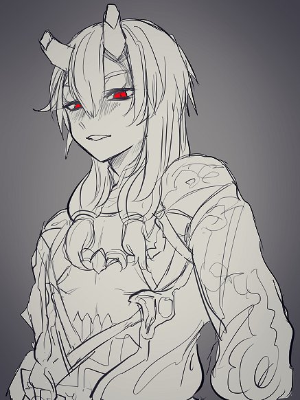 1boy, broken_horns, gradient_background, grey_background, greyscale, grimms_notes, hair_between_eyes, half-closed_eyes