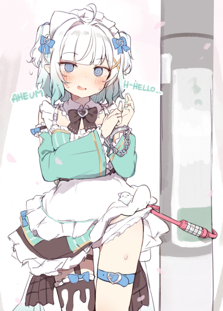 1girl, @_@, ahoge, bdsm, bicycle_lock, blue_eyes, blush, bondage