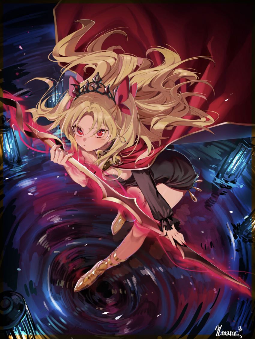 1girl, akua9696, blonde_hair, blush, bow, cage, cloak, closed_mouth