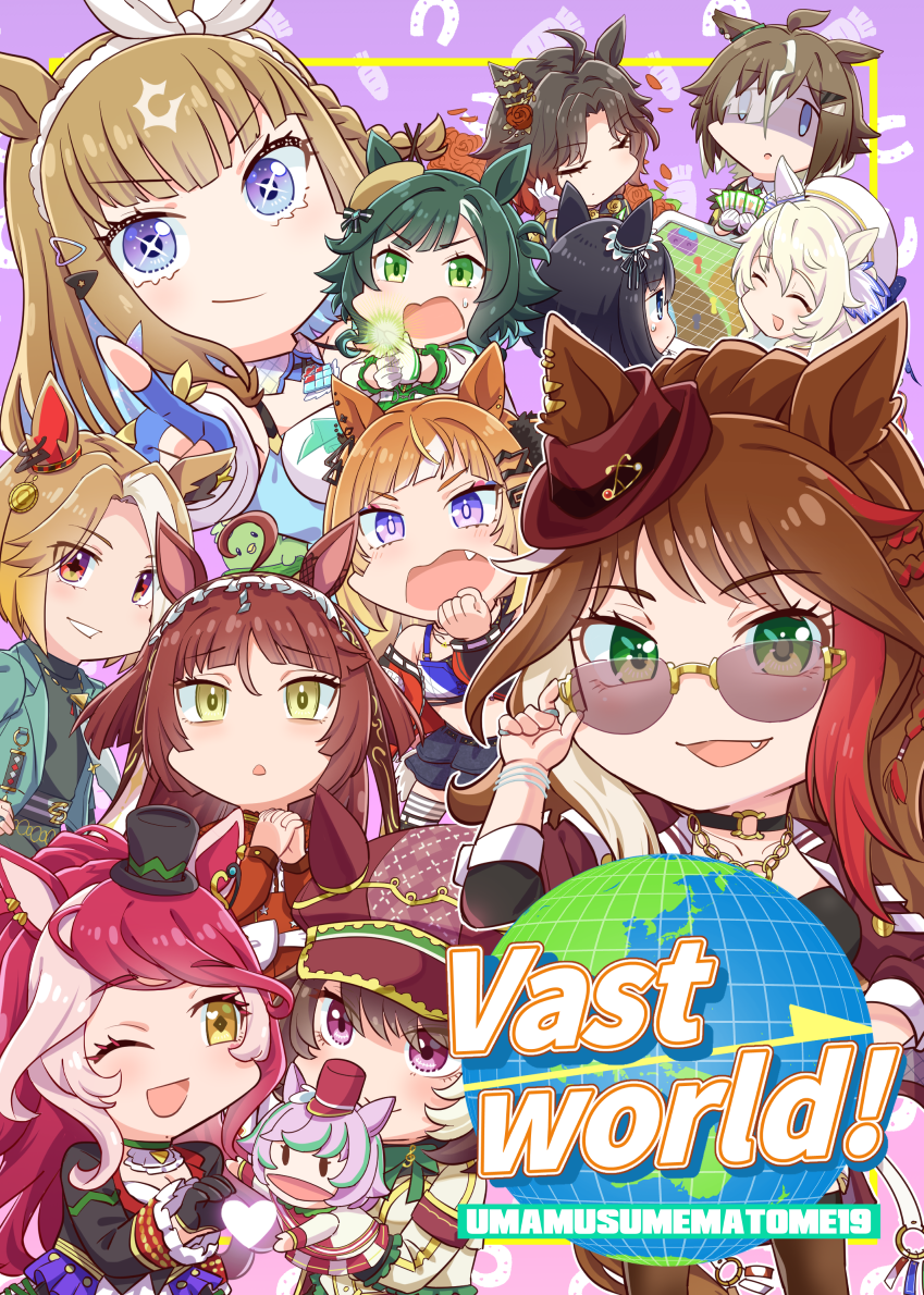 +_+, 6+girls, ahoge, allitell, almond_eye_(the_changer)_(umamusume), almond_eye_(umamusume), animal_ears, aqua_jacket