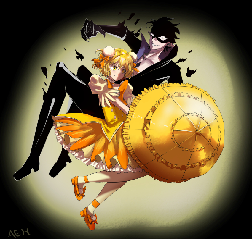 1boy, 1girl, absurdres, blonde_hair, bow, bowtie, claws, evil_smile