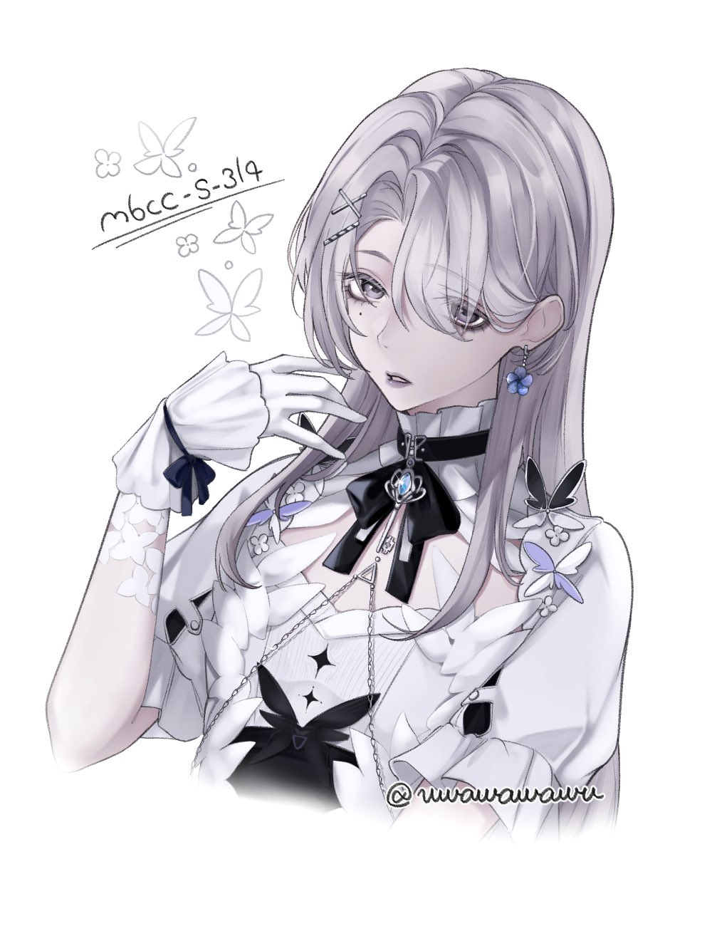 1girl, black_eyeshadow, dress, eyeshadow, gloves, graves_(path_to_nowhere), hand_up, highres