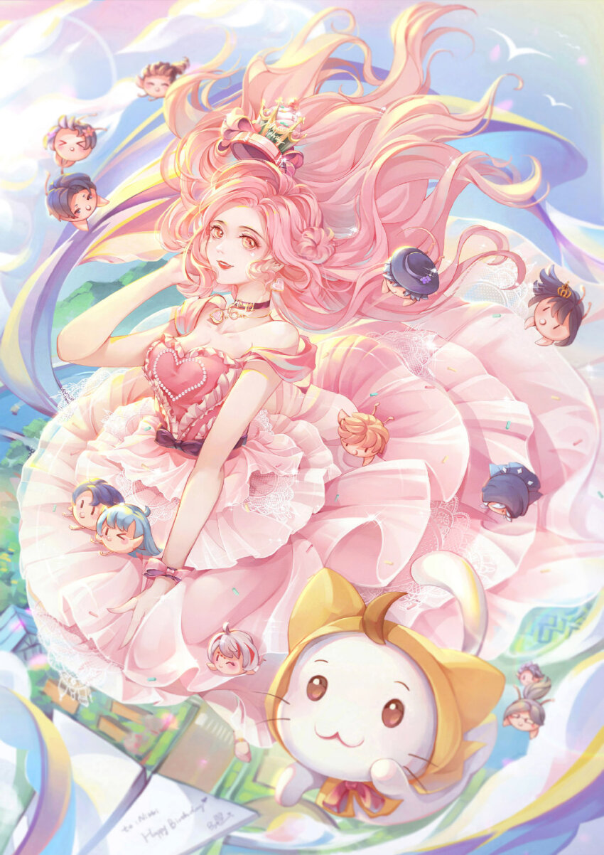 1girl, :3, aeon_(shining_nikki), ahoge, animal, baby_animal, bare_shoulders, bird